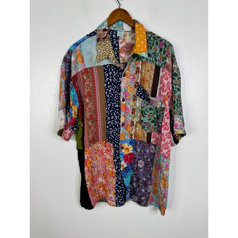 Peaceful People Mens XL Patchwork Rayon Short Sleeve Button Down Shirt Multi
